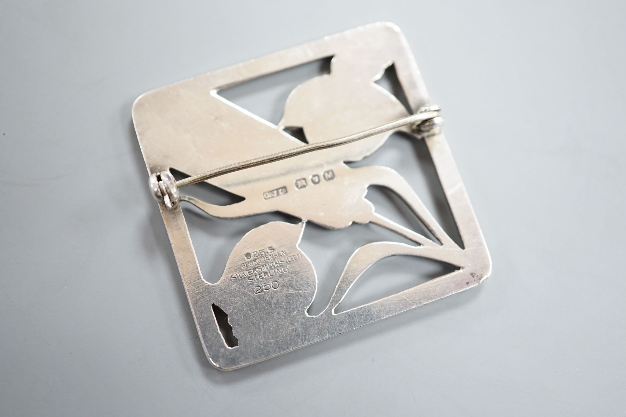 A Georg Jensen sterling 'Two birds with ear of wheat' brooch, no. 250, 38mm.